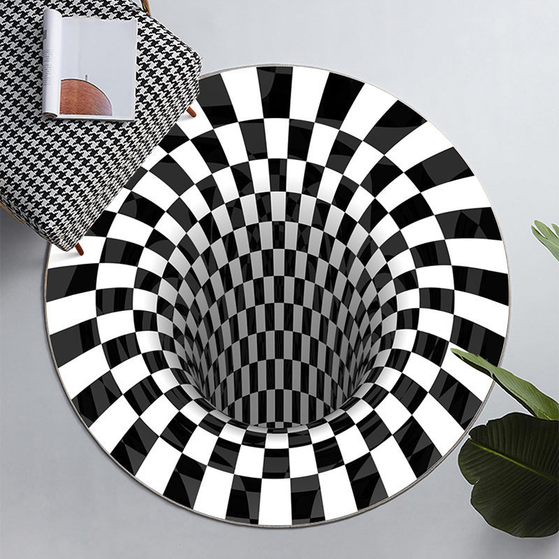 Visual vortex circular black and white carpet