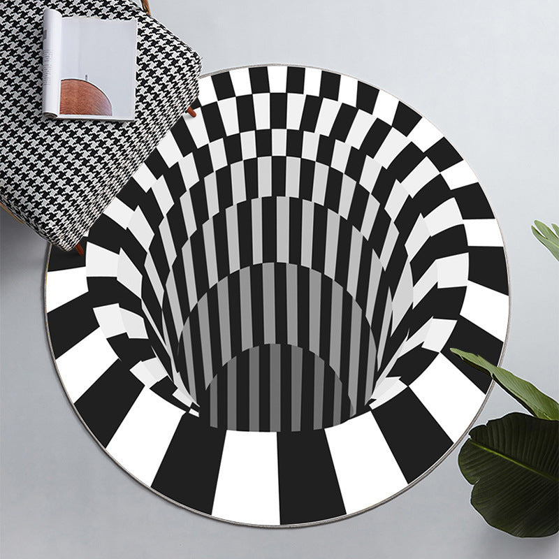 Visual vortex circular black and white carpet