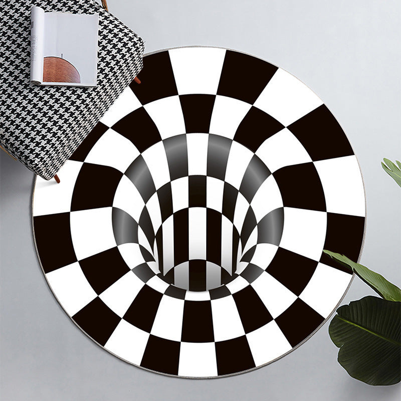 Visual vortex circular black and white carpet